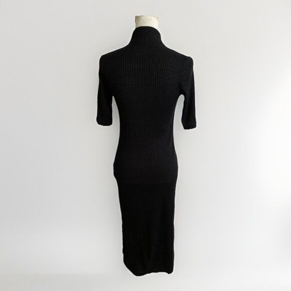 Massimo Dutti Black Maxi Dress M Mock Neck Rib Knit Side Slit Minimalist Chic - Picture 2 of 7